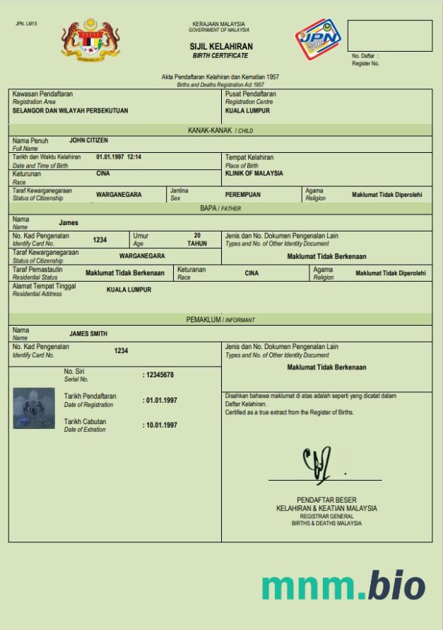 Malaysia narodziny certyfikat Word i PDF szablon
